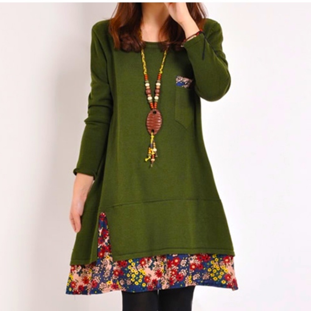 Green & Floral Long Sleeve Tunic Dress